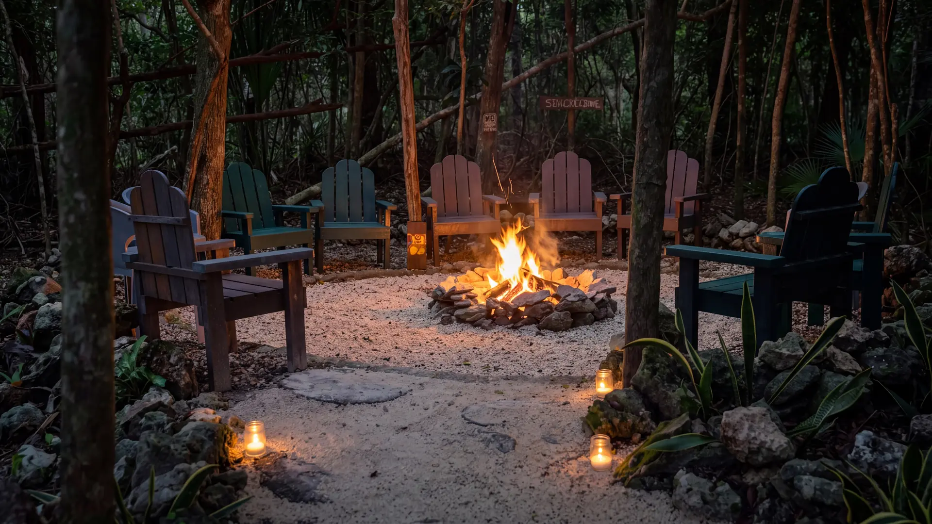 The fire circle at night: a wood fire in the stone pit, Adirondack chairs around it, candles along the sandy path under the jungle trees