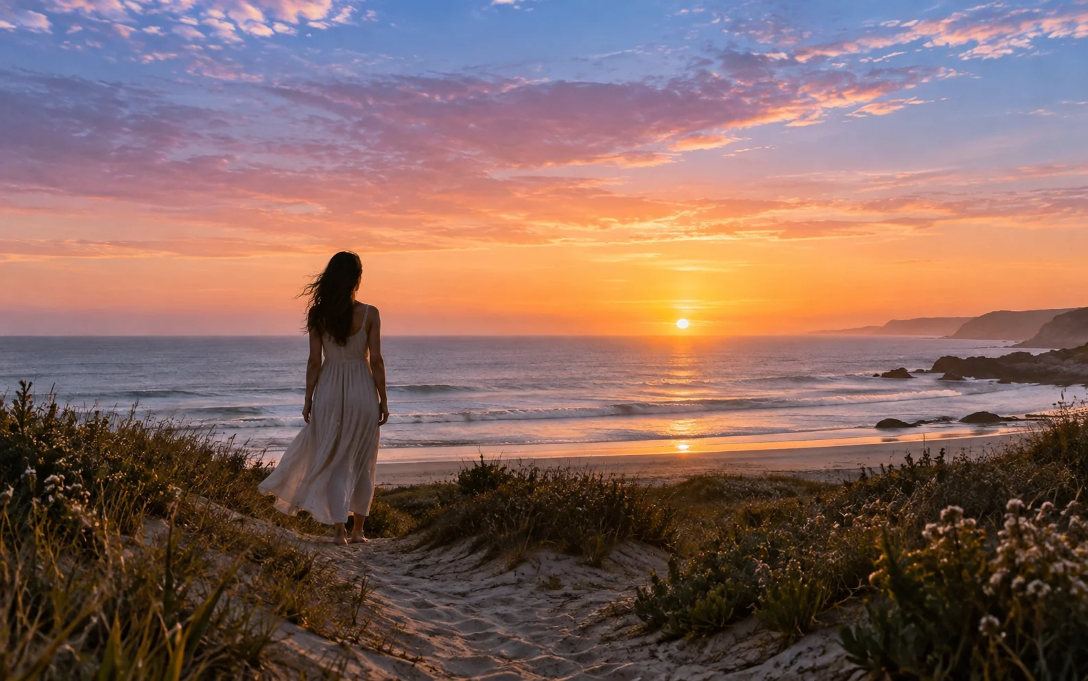 A woman looking toward the ocean from a dune path beneath a pink and golden dawn sky
